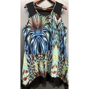 Womens Dress XL Black Blue Sleeveless Midi Mesh Hem Flowy Artsy Boho